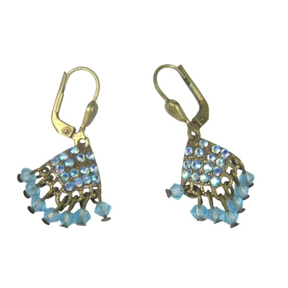 Vintage Blue Rhinestone Bead Dangle Earrings Chandelier Boho Victorian Style - Picture 1 of 7